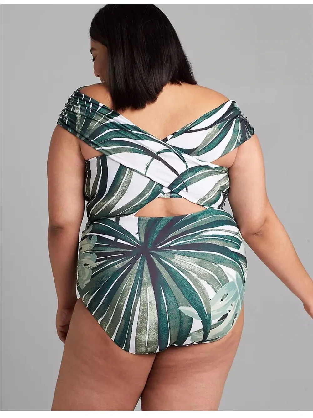 Cacique Green Leaf Off-Shoulder One-Piece Swimsuit